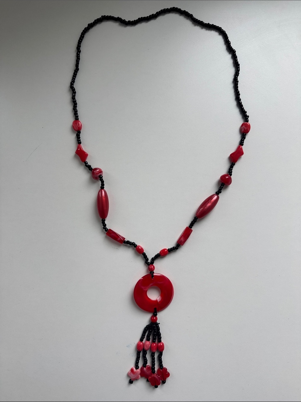 Red Beaded Donut Pendant Necklace with Black Accents - Women Jewelry